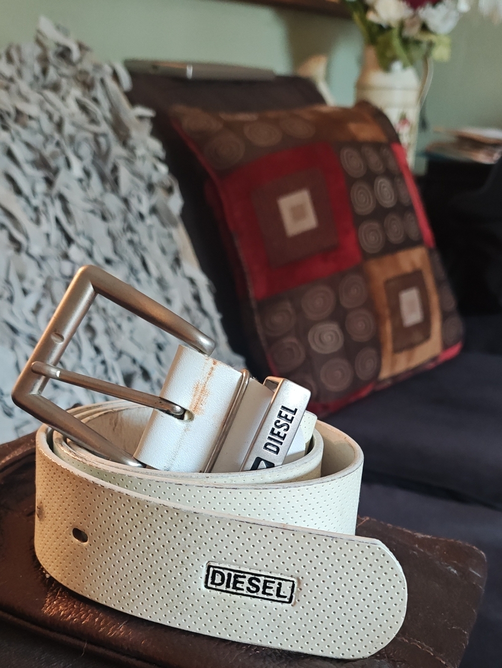 Diesel White Perforated Leather Belt with Silver Buckle